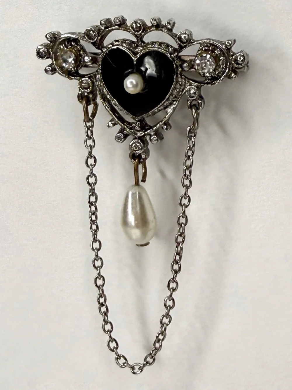 Vintage Signed Florenza Victorian Revival Mourning Heart Brooch Black Enamel